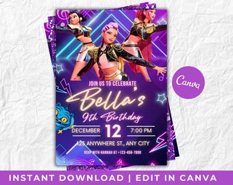 Invito di compleanno KPOP Demon Hunters - Modello Canva modificabile - Huntrix Golden - Invito per festa di compleanno stampabile in formato digitale