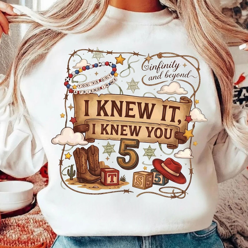 Retro I Knew It I Knew You Shirt, TS and Toy Story 5 Friendship Shirt, Woody Buzz Lightyear Tee, Disneyland Toy Story Family Matching Shirts .Retro Toy Story 5 PNG, I Knew It I Knew You Western Cowgirl Boots Friendship Bracelet Shirt Design Graphic Download File