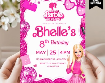 Invito di compleanno modificabile per bambola fashion, festa di compleanno rosa shocking a Malibu, invito per la migliore amica, download immediato, modello Canva