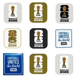 May include: A collection of nine square stickers featuring the FIFA World Cup 2026 logo with the golden trophy over the number 26, and two stickers displaying the text Football Unites the World in blue and white, presented in various colour schemes.