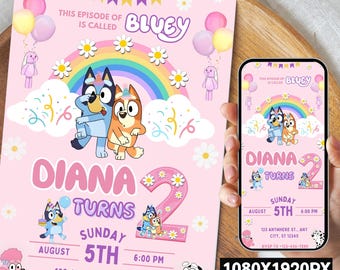Invito di compleanno Bluey Invito di compleanno Bing modificabile Invito di compleanno Bluey e Bingo Invito alla festa di compleanno Bluey, Canva Modificabile