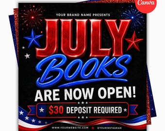 Volantino fai da te per prenotazioni di luglio, offerte speciali per il 4 luglio, prenotazioni disponibili per luglio per trucco, capelli, ciglia, unghie, volantino di bellezza, modello Canva, prenota ora
