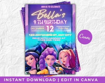 Invito di compleanno KPOP Demon Hunters - Modello Canva modificabile - Huntrix Golden - Invito per festa di compleanno stampabile in formato digitale