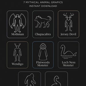Cryptid Creatures PNG Bundle – 7-Pack Mythical Animal Graphics, Transparent Background Digital Downloads, Design, Tattoo Art, and Stickers
