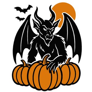 Könnte beinhalten: Ein Halloween-Grafik mit einem schwarzen Dämon mit Flügeln, der über drei orangefarbenen Kürbissen thront. Fledermäuse fliegen oben links, mit einer orangefarbenen Sonne im Hintergrund. Der Text "YUHNIQUE DISTRICT GFX" ist darunter abgebildet.