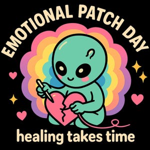 Può includere: Grafica digitale con un alieno turchese che cuce un cuore rosa spezzato. Lo sfondo presenta un design arcobaleno e il testo "EMOTIONAL PATCH DAY" e "healing takes time". Include "PNG SVG DOWNLOADS".