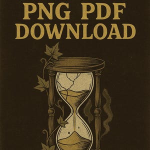 Op de afbeelding: Digitale illustratie van een zandloper met de tekst "SVG PNG PDF DOWNLOAD" in goud. De zandloper is beige en goudkleurig, met een gebarsten glaseffect en decoratieve wijnranken. De tekst "BY YUHNIQUE DISTRICT GFX" staat onderaan op een donkerbruine achtergrond.