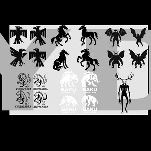 Op de afbeelding: Zwart-witte illustraties van mythische wezens, waaronder een chupacabra, een baku en een wendigo. De illustraties zijn gerangschikt in rijen en kolommen op een witte achtergrond.