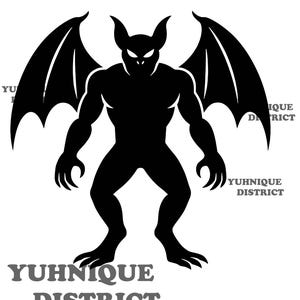 May include: A black silhouette of a gargoyle with large wings, horns, and sharp claws. The text "YUHNIQUE DISTRICT" is printed in gray around the image. The gargoyle is standing upright with its arms at its sides.