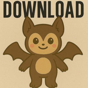 May include: A cartoon illustration of a brown bat with large ears, wings, and a smiling face. The bat has a tan belly and pink cheeks. The words "SVG PNG PDF DOWNLOAD" are at the top, and "YUHNIQUE DISTRICTGFX" is at the bottom.