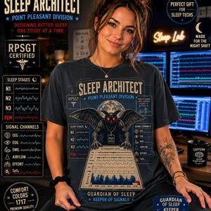 Könnte beinhalten: Ein dunkelgraues T-Shirt mit einer Grafik einer Eule mit roten Augen, einem Vollmond und einem Polysomnographie-Bericht. Der Text lautet Sleep Architect, Point Pleasant Division, RPSGT Certified, Guardian of Sleep und Keeper of Signals.