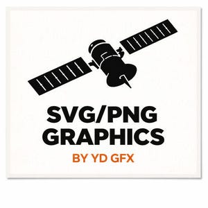 May include: A black and white graphic of a satellite with solar panels on a white background. The text "SVG/PNG GRAPHICS" is in bold black, with "BY YD GFX" in orange below. A design for digital graphics.