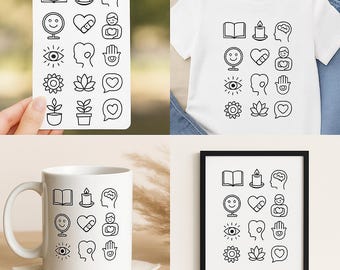 Könnte beinhalten: Verschiedene Artikel mit schwarzen Strichzeichnungen. Dazu gehören ein Stickerbogen, ein weißes T-Shirt, eine weiße Tasse und ein gerahmter Druck. Die Symbole sind ein Buch, eine Kerze, ein Gehirn, ein lächelndes Gesicht, ein Herz, eine Person, ein Auge, eine Hand, eine Blume, ein Lotus und eine Sprechblase.
