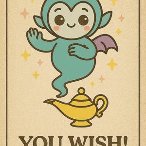 May include: A vintage-style illustration featuring a teal genie with a purple wing and a yellow lamp. The genie is smiling and surrounded by stars. The text "YOU WISH!" is at the bottom.