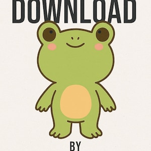 Puede incluir: Ilustración de dibujos animados de una rana verde con vientre amarillo, ojos marrones y mejillas rosas. La imagen incluye el texto "SVG PNG PDF DOWNLOAD" y "BY YUHNIQUE DISTRICT GFX" en negro.