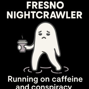 May include: A black graphic with the text "SVG PNG FRESNO NIGHTCRAWLER" at the top. A sad, ghost-like figure holds a coffee cup. The text "Running on caffeine and conspiracy" is below the figure, with "DOWNLOAD" at the bottom.