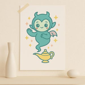 May include: A whimsical illustration of a teal genie with small wings and a smiling face, waving near a yellow magic lamp. The artwork is on a cream-colored background with star accents.
