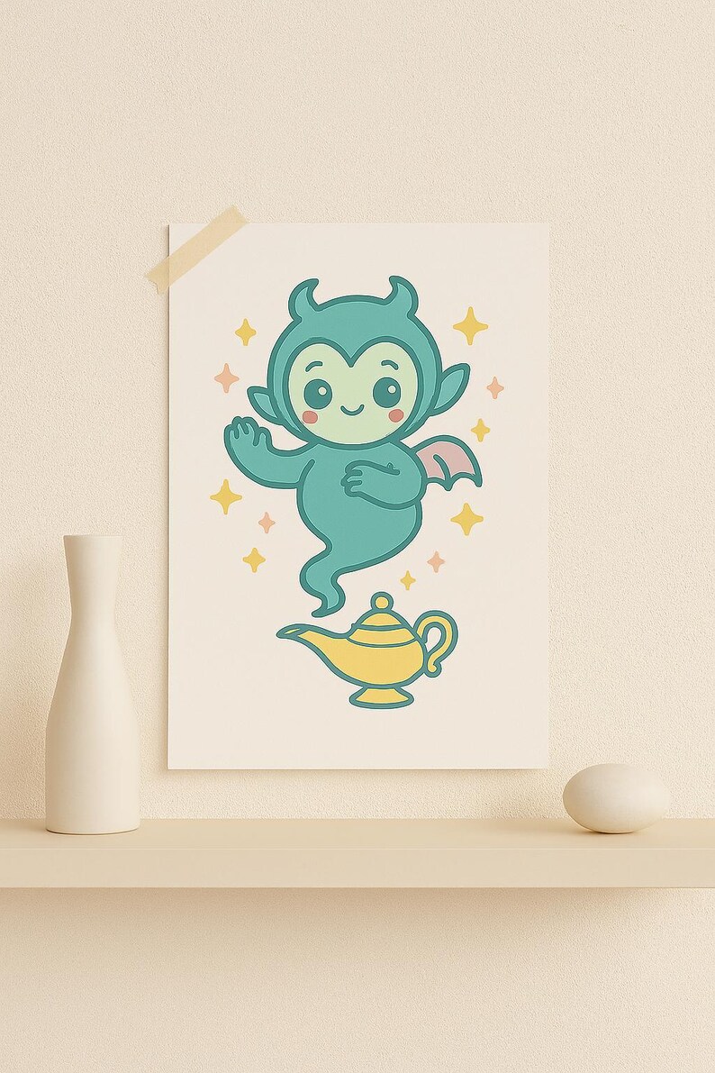 May include: A whimsical illustration of a teal genie with small wings and a smiling face, waving near a yellow magic lamp. The artwork is on a cream-colored background with star accents.