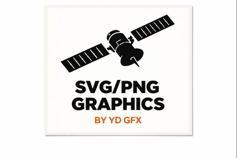 May include: A black and white graphic of a satellite with solar panels, on a white background. The text "SVG/PNG GRAPHICS" is in bold black, with "BY YD GFX" in orange below.