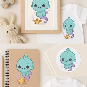 May include: A collection of children's items featuring a cartoon genie character. Includes a framed print, a t-shirt, a notebook, and a sticker. The genie is teal with a purple tail and a golden lamp.