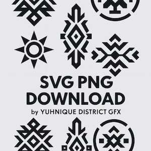 May include: A selection of black geometric patterns, featuring starbursts, diamond shapes, and circular designs. The text "SVG PNG DOWNLOAD" is visible, alongside the seller's name, "by YUHNIQUE DISTRICT GFX."