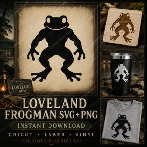 Op de afbeelding: Een digitaal ontwerpbestand met een zwart silhouet van de Loveland Frogman op een getextureerde achtergrond, met voorbeelden van de afbeelding toegepast op een houten vierkant, een zwarte roestvrijstalen beker en een grijs t-shirt met tekst.