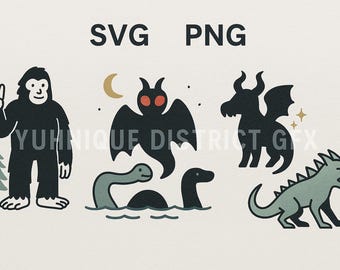 Cryptid Creatures Clipart Bundle: Bigfoot, Mothman, Loch Ness (SVG, PNG Digital Download