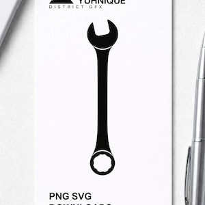 May include: Black wrench graphic on a white background with the text "PNG SVG DOWNLOADS". The logo for "YUHNIQUE DISTRICT GFX" is at the top. A pen and phone are in the background.