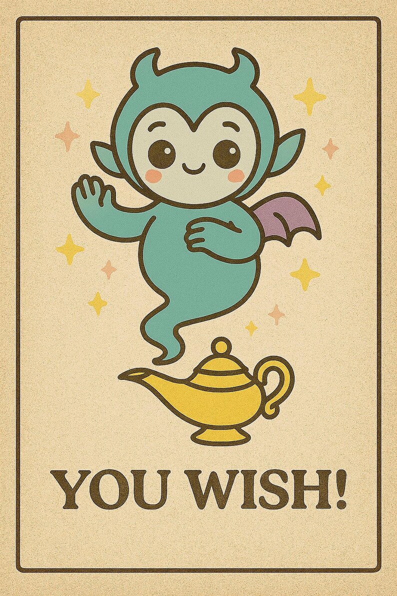 May include: A vintage-style illustration featuring a teal genie with a purple wing and a yellow lamp. The genie is smiling and surrounded by stars. The text "YOU WISH!" is at the bottom.