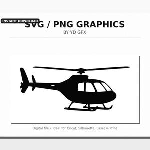 May include: A black silhouette of a helicopter, featuring detailed design elements such as rotor blades and landing gear. The image includes the text "SVG / PNG GRAPHICS" and "INSTANT DOWNLOAD".