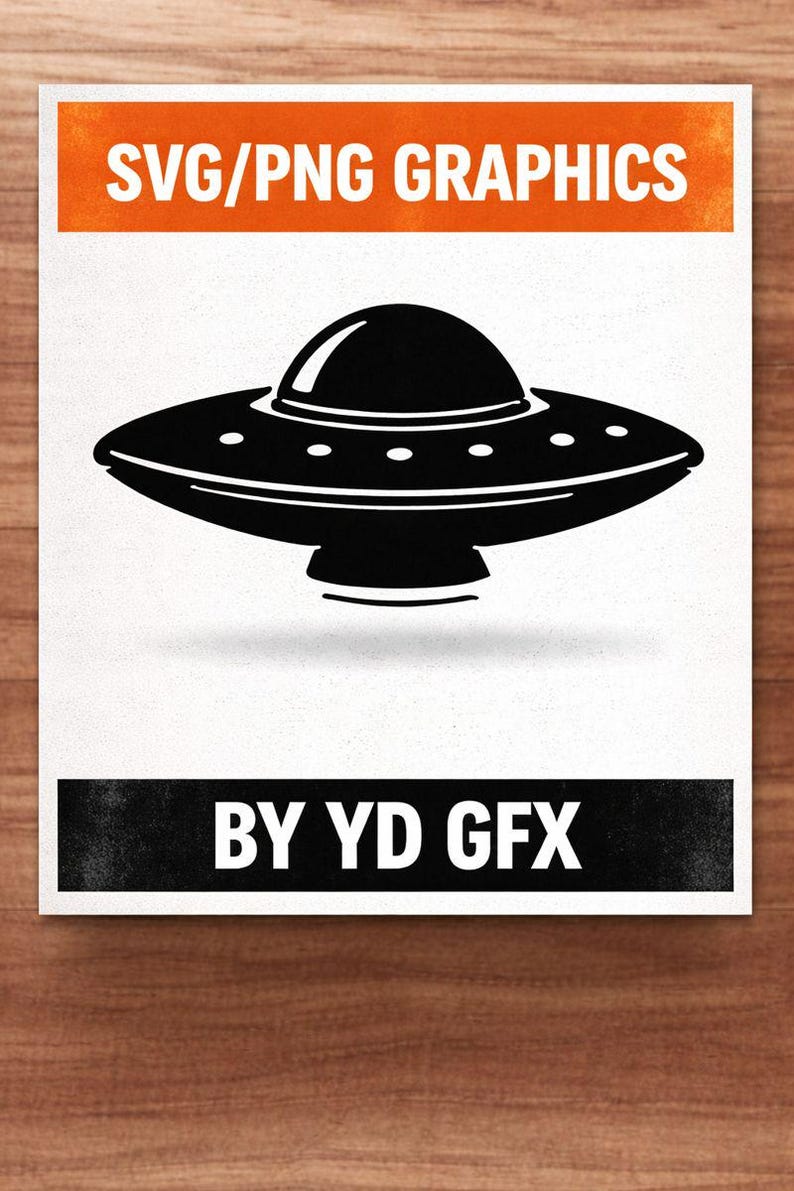 May include: A black and white graphic of a flying saucer, with the text "SVG/PNG GRAPHICS" in an orange rectangle above. Below the UFO is the text "BY YD GFX" in a black rectangle. The image is on a white background.