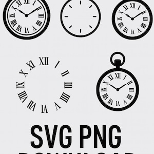 Puede incluir: Ilustraciones digitales en blanco y negro de relojes de bolsillo y esferas de reloj. La imagen incluye varios diseños, como un reloj de bolsillo con cadena, una esfera sin manecillas y el texto "SVG PNG DOWNLOAD".