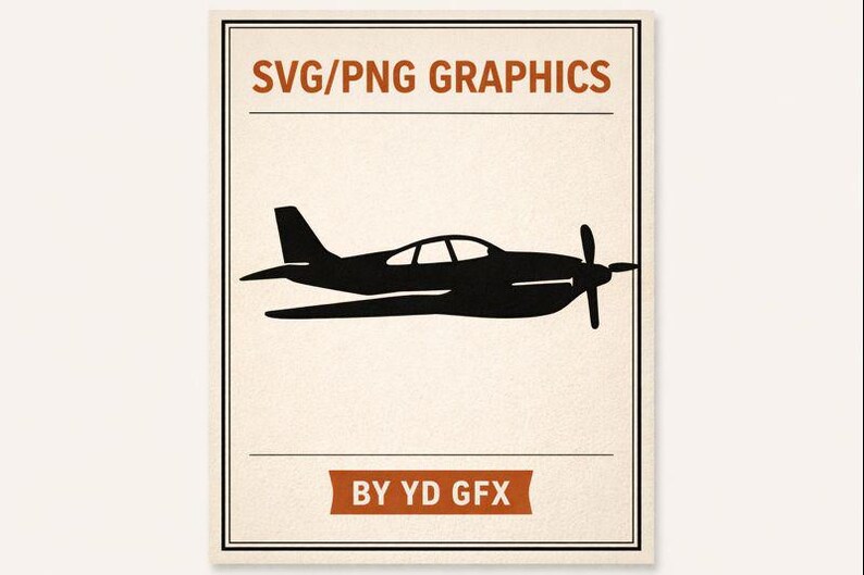 May include: A black silhouette of a vintage aeroplane with a propeller, set against a beige background. The image includes the text "SVG/PNG GRAPHICS" at the top and "BY YD GFX" at the bottom, all within a framed border.