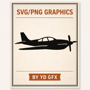 May include: A black silhouette of a vintage aeroplane with a propeller, set against a beige background. The image includes the text "SVG/PNG GRAPHICS" at the top and "BY YD GFX" at the bottom, all within a framed border.