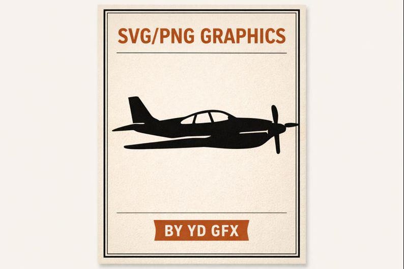 May include: A black silhouette of a vintage aeroplane with a propeller, set against a beige background. The image includes the text "SVG/PNG GRAPHICS" at the top and "BY YD GFX" at the bottom, all within a framed border.