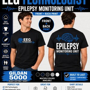以下が含まれることがあります： 胸元に青い脳のグラフィックと「EEG TECHNOLOGIST」の文字が入った黒の半袖Tシャツ。背面には、心拍ラインと「EPILEPSY MONITORING UNIT」という白い文字が添えられた、より大きな青い脳のグラフィックがプリントされています。