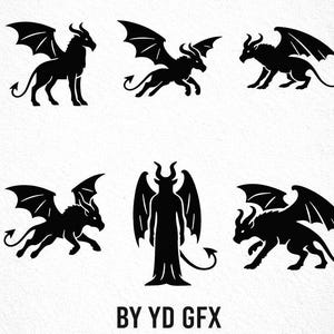May include: Black dragon graphics in various poses, including standing, running, and flying, with detailed wings and horns. The text "SVG/PNG GRAPHICS" and "BY YD GFX" are displayed above and below the graphics.