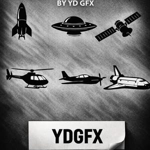 May include: Black and white SVG/PNG graphics showing a rocket, UFO, satellite, helicopter, aeroplane, and space shuttle. The text "SVG/PNG GRAPHICS" and "BY YD GFX" are at the top. The bottom of the image displays the text "YDGFX".