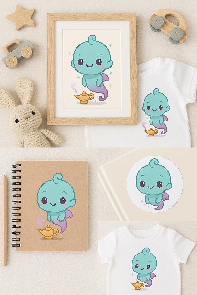 May include: A collection of children's items featuring a cartoon genie character. Includes a framed print, a t-shirt, a notebook, and a sticker. The genie is teal with a purple tail and a golden lamp.