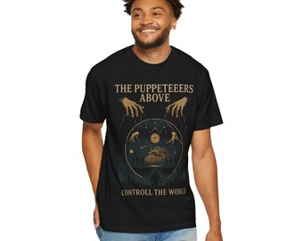 Maglietta "Flat Earth Puppet Master", "The Puppeteers Above Control", maglietta grafica streetwear oversize, il mondo