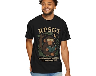 RPSGT Polysomnographic Technologist Shirt | Cute Jungle Chimp Sleep Tech Tee | Calm Nature Gift for RPSGTs | Comfort Colors Black T-Shirt