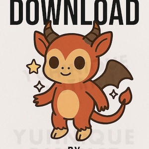 May include: A cartoon illustration of a red devil with horns, wings, and a tail. The image includes the text "SVG PNG PDF DOWNLOAD" at the top and "YUHNIQUE DISTRICT GFX" at the bottom, with stars and a diamond shape.