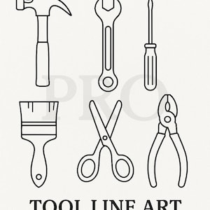 May include: Black and white line art illustration of various tools, including a hammer, wrench, screwdriver, paintbrush, scissors, and pliers. The text "TOOL LINE ART" appears at the top and bottom, with additional text below.