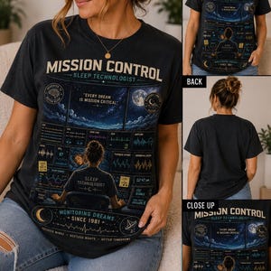 Peut inclure: Un t-shirt noir à manches courtes avec une impression graphique intitulée MISSION CONTROL SLEEP TECHNOLOGIST. Le design comprend des graphiques de données, une personne devant un ordinateur et le texte EVERY DREAM IS MISSION CRITICAL et MONITORING DREAMS SINCE 1981.