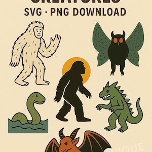 Retro Cryptid Creatures SVG PNG-bundel: Mythical Monster-clipart (digitale download)