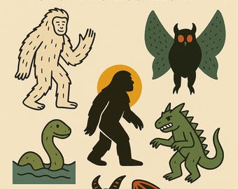 Retro Cryptid Creatures SVG PNG Bundle: Mythical Monster Clipart (Digital Download