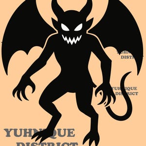 Puede incluir: Silueta negra de una criatura diabólica con cuernos, alas y cola, sobre un fondo melocotón. La criatura tiene dientes afilados y manos y pies con garras. El texto "YUHNIQUE DISTRICT" se repite alrededor de la imagen.