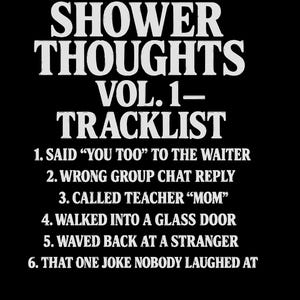 Könnte beinhalten: Schwarze Grafik mit weißem Text. Oben steht "SVG PNG". Darunter steht "SHOWER THOUGHTS VOL. 1 - TRACKLIST" gefolgt von einer Liste von Erfahrungen. Unten steht "DOWNLOADS YD GFX".