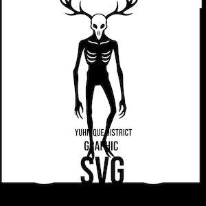 May include: Black and white silhouette of a creature with antlers, a skull-like head, and a skeletal body. The text "YuhNQue District Graphic SVG" is below the creature.