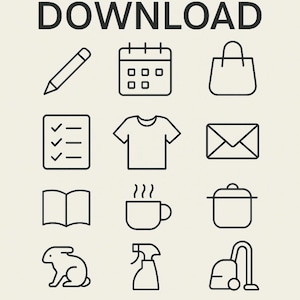 Minimalistischer Alltag Icons SVG & PNG | 12 klare Linien-Vektorgrafiken | Haushaltsgegenstände, Planer, Küche, Kaninchen, Kaffee, Shirt
